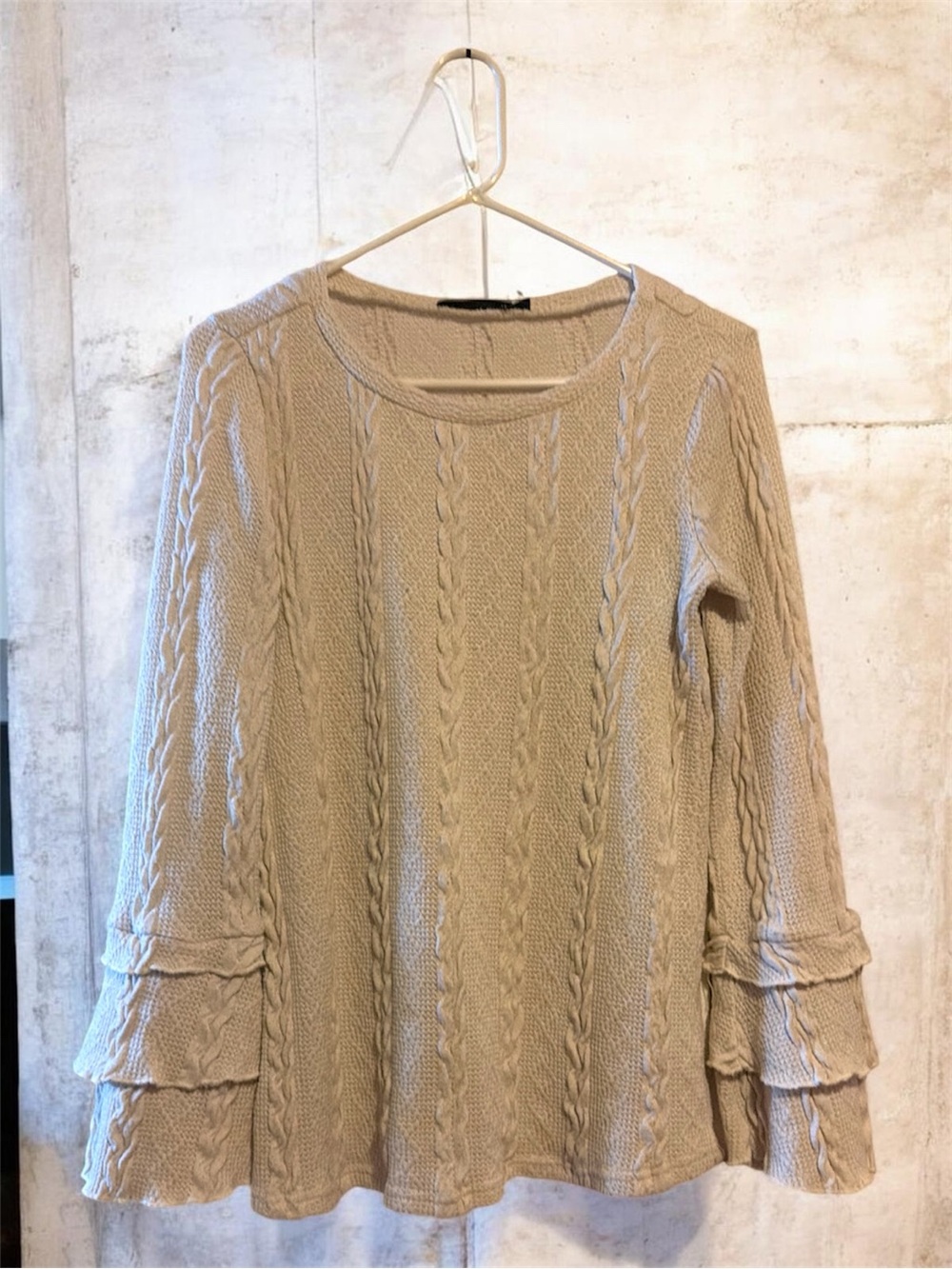 Doe & Rae Cream Cable Knit Sweater with Ruffle Tier Bell Sleeves